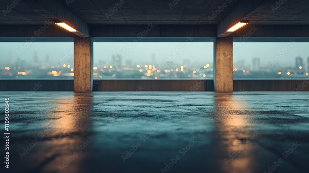 Fototapeta premium Empty garage with wet concrete floor and view of cityscape blurred by evening lights. Atmospheric urban scene, modern architecture, car background