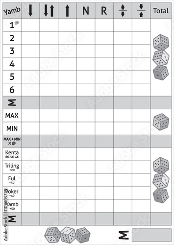 Yamb Printable Sheet, Isolated on The White Background