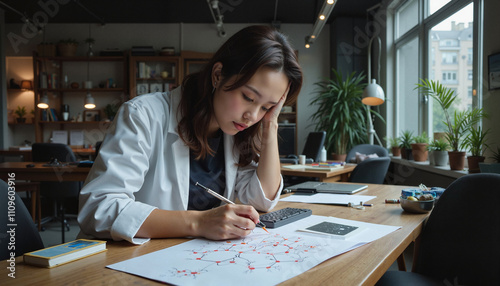 Focused female scientist sketching designs on paper at a creative workspace