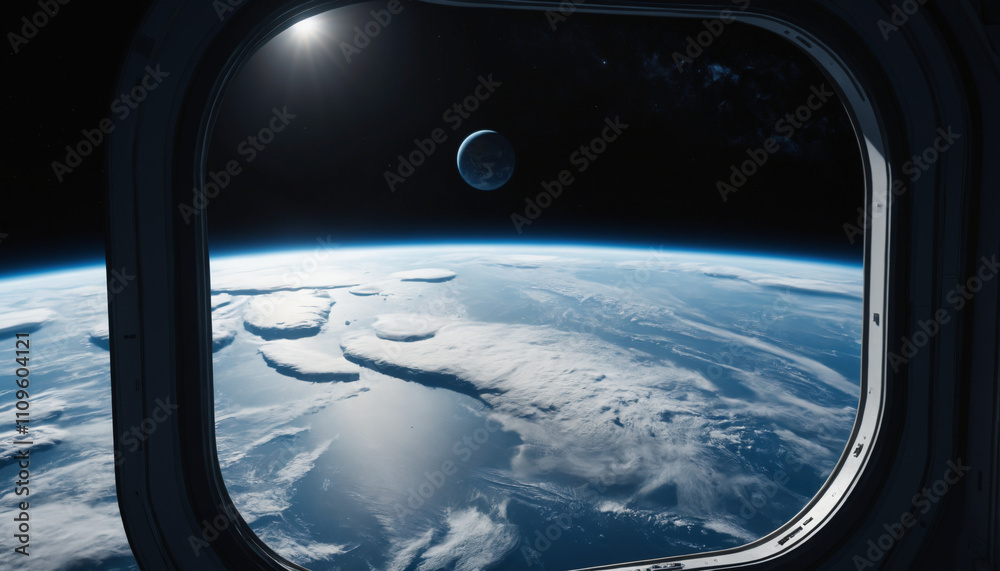 View of Earth from a spacecraft window with moon in the background, deep space exploration View of Earth from a spacecraft window with moon in the background, deep space exploration