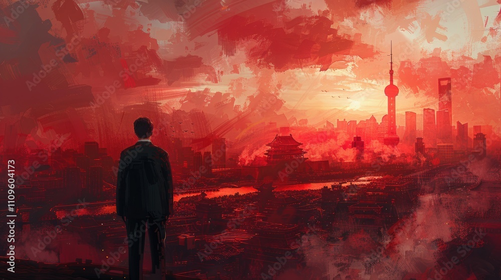 Fototapeta premium Economic landscape at sunset with urban skyline and contemplative figure