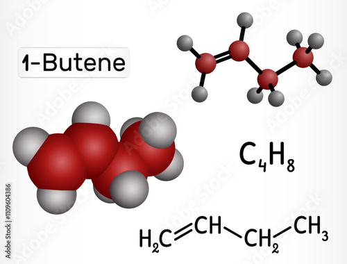 Butene alkene molecule. Structural and molecular models of butylene (C4H8). Vector i photo