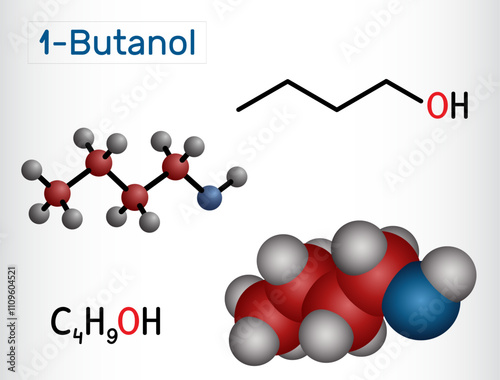 1-Butanol molecule. Structural and molecular models of Butyl alcohol. Vector photo