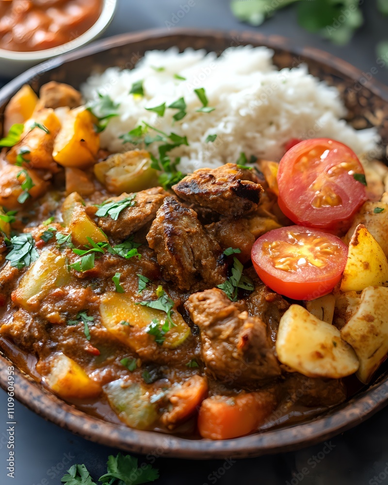 Aromatic lamb curry with potatoes, carrots, and rice, garnished with fresh cilantro and tomato slices. Aromatic lamb curry with potatoes, carrots, and rice, garnished with fresh cilantro and tomato slices.