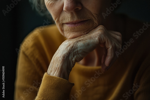 An elderly woman contemplates quietly, resting her chin on her hand. She wears a warm sweater and is captured in soft, low lighting, highlighting her pensive expression and graceful wrinkles.