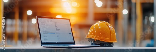 A laptop and a yellow hard hat sit on a table, illuminated by warm light, suggesting a work environment focused on construction or engineering.