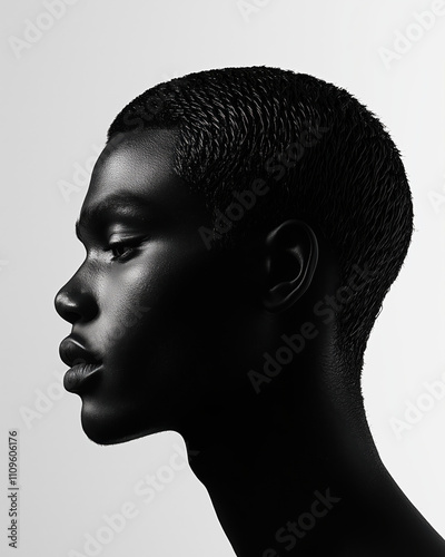 The young man gazes intently to the side, highlighting his strong jawline and smooth skin against a stark, minimalist background. The composition emphasizes his profile and expression.