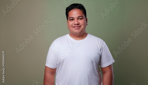 joyful young hispanic plus size body positive male man boy guy 30s in white blank design casual t-shirt posing color background studio portrait