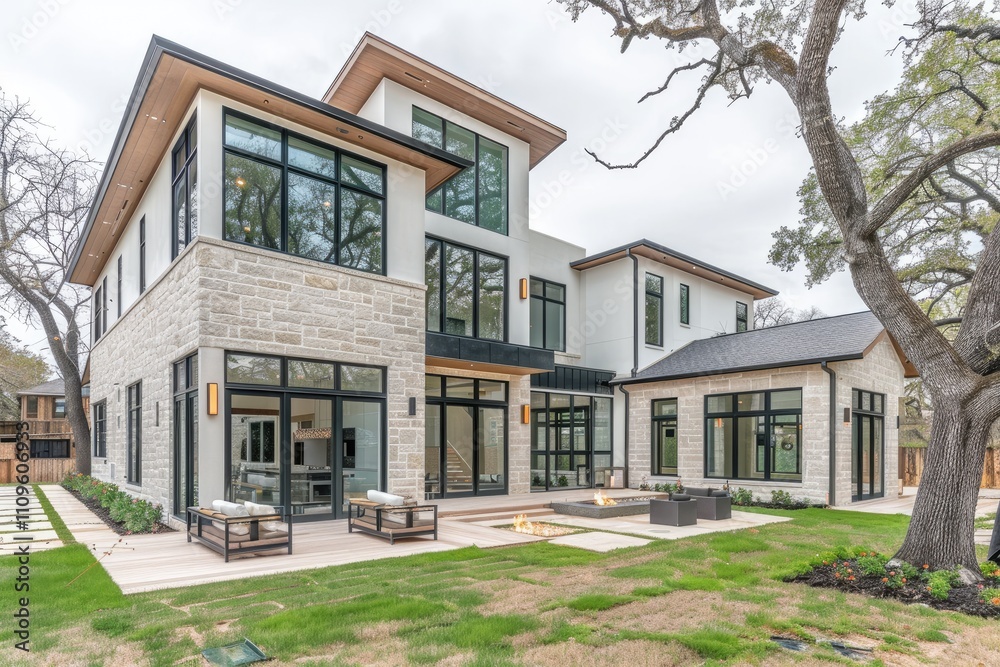 Backyard oasis features sleek wooden elements with modern architecture and spacious design Backyard oasis features sleek wooden elements with modern architecture and spacious design