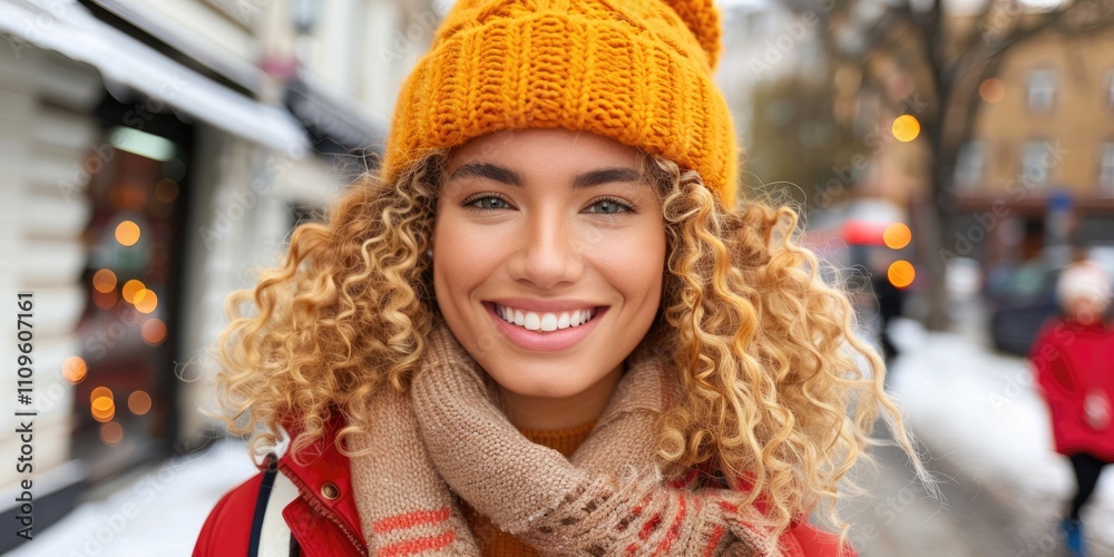 Smiling young woman with curly hair wearing a cozy hat and scarf in a snowy urban setting Smiling young woman with curly hair wearing a cozy hat and scarf in a snowy urban setting