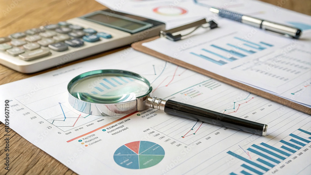 Financial Analysis with Magnifying Glass, Business Data Charts, Calculator and Clipboard, Accounting and Investment Research, Economic Performance Review and Market Trends Financial Analysis with Magnifying Glass, Business Data Charts, Calculator and Clipboard, Accounting and Investment Research, Economic Performance Review and Market Trends