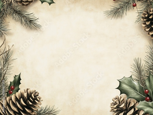 christmas or new year greeting card with pine cones and holly berries photo