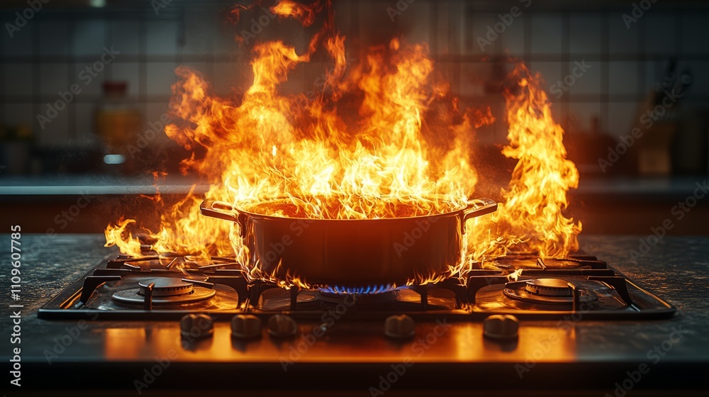A pan bursts with vibrant flames on the stove, adding drama to the bustling kitchen and showcasing culinary excitement A pan bursts with vibrant flames on the stove, adding drama to the bustling kitchen and showcasing culinary excitement