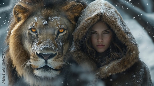 A female knight wearing a hooded cloak lined with snowy fur is accompanied by a lion background wallpaper AI generated image photo