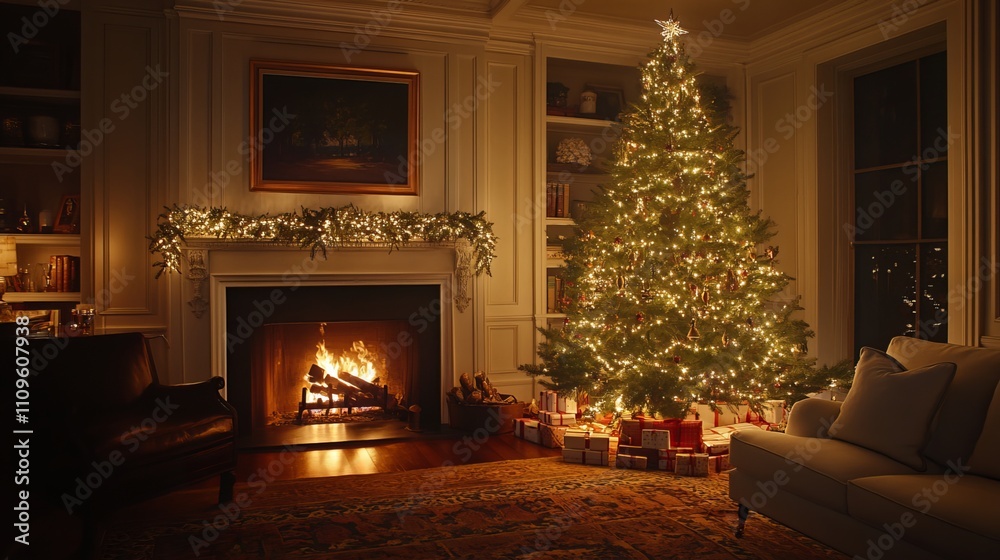 Fototapeta premium An illuminated Christmas tree stands beside a cozy fireplace, creating a festive ambiance for the home. 