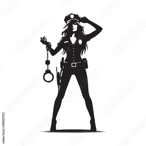 Police Officer with Handcuffs Pose Silhouette Vector Set - Black and White Law Enforcement Illustration