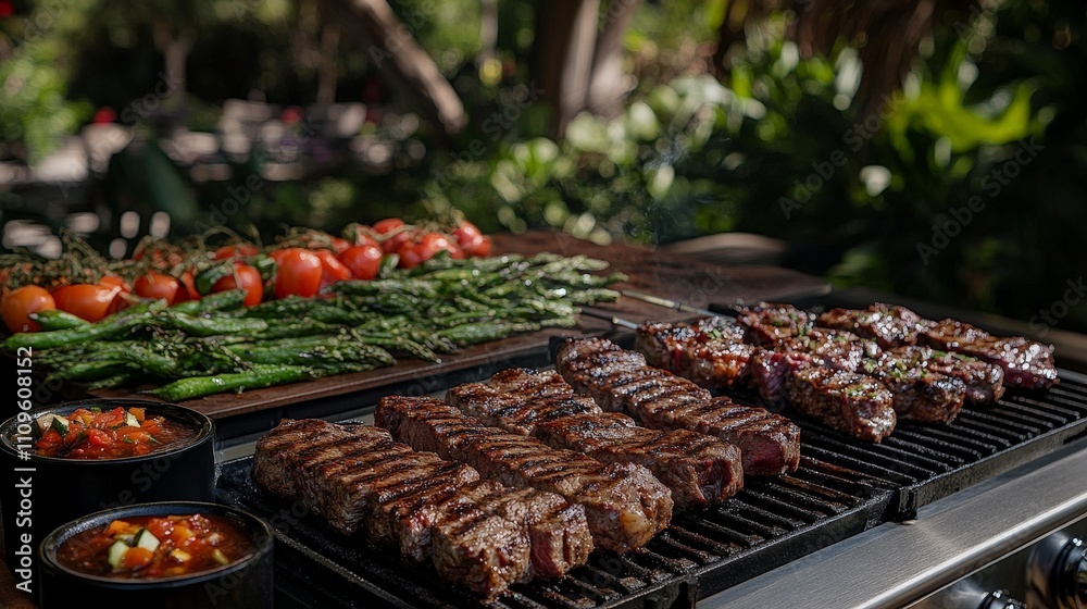 A barbecue scene featuring grilled steaks, vegetables, and salsa in a lush outdoor setting. A barbecue scene featuring grilled steaks, vegetables, and salsa in a lush outdoor setting.