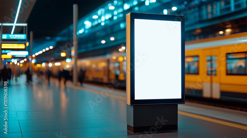 Mock up. Vertical advertising billboard, lightbox with empty digital screen on railway station. Blank white poster advertising, public information board stands at station in front of people and train