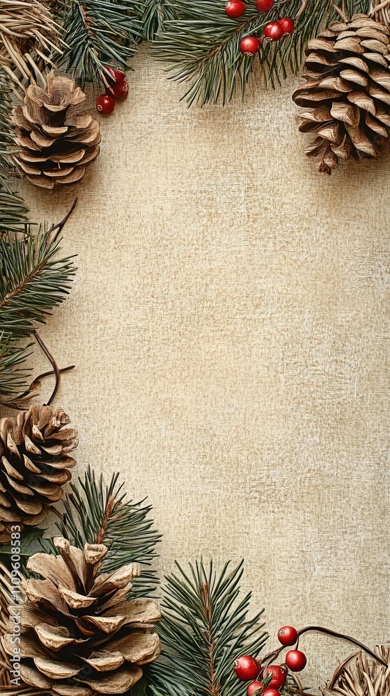christmas or new year greeting card with pine cones and holly berries christmas or new year greeting card with pine cones and holly berries