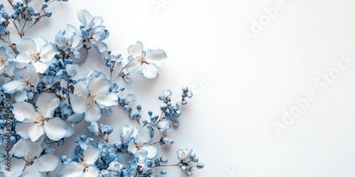 A charming cluster of delicate blueandwhite blossoms resting gracefully on a pristine white surface conjures feelings of tranquility and beauty that captivates the attention of all who gaze upon it photo