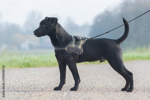 Portrait of young black Patterdale terrier, also called Fell terrier, with harness and leash outside on sand road.