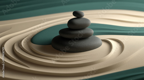 3D render of a peaceful zen garden with sand patterns and a few small stones photo