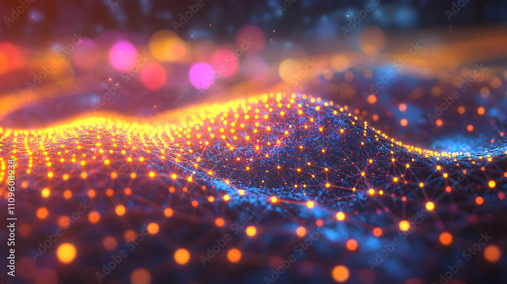 Obraz premium A glowing digital wave with orange and blue lights resembling a dynamic data flow or futuristic network.