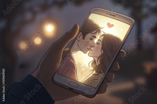 Digital love message illustration, romantic couple kissing on smartphone's screen in man’s hand.