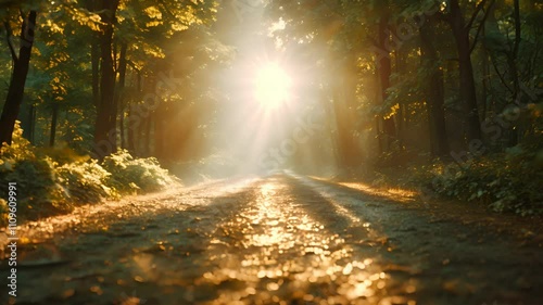 The sun shines through the trees in the forest