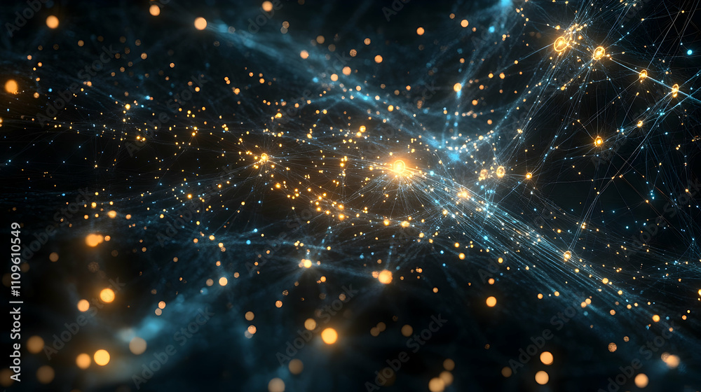 Fototapeta premium A starry digital space with glowing blue and yellow lights connected by cosmic filaments, representing celestial data and futuristic concepts.