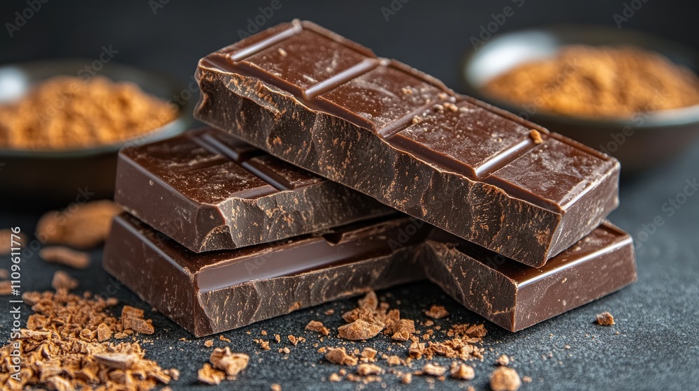 Rich dark chocolate bars arranged with cocoa powder and nibs in a stylish kitchen setting Rich dark chocolate bars arranged with cocoa powder and nibs in a stylish kitchen setting