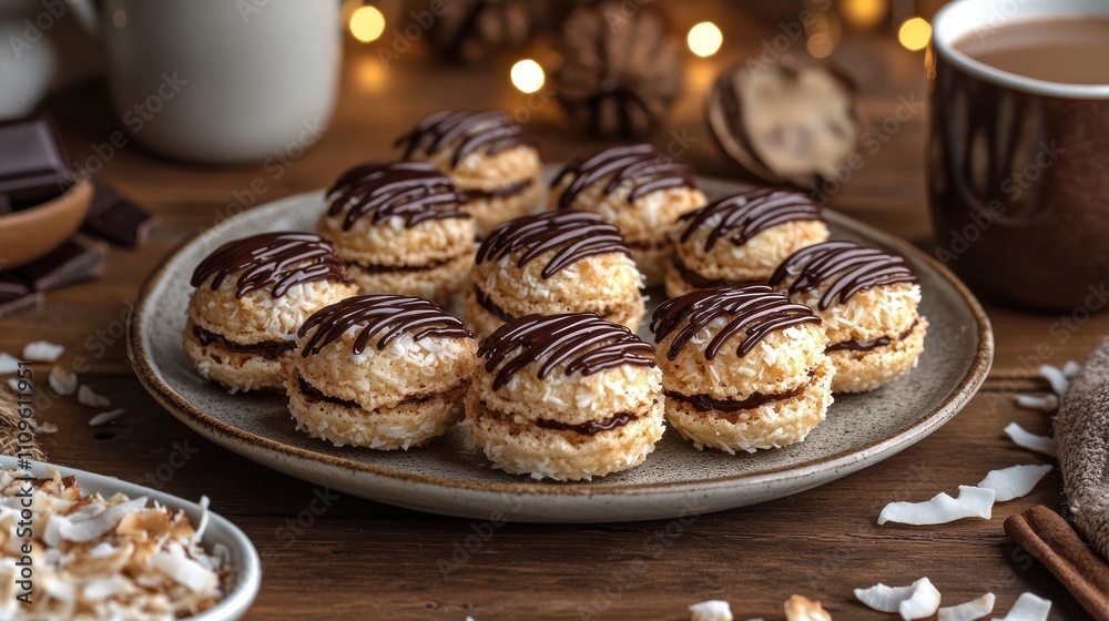 Delightful coconut macaroons with chocolate drizzle on a rustic wooden table Delightful coconut macaroons with chocolate drizzle on a rustic wooden table