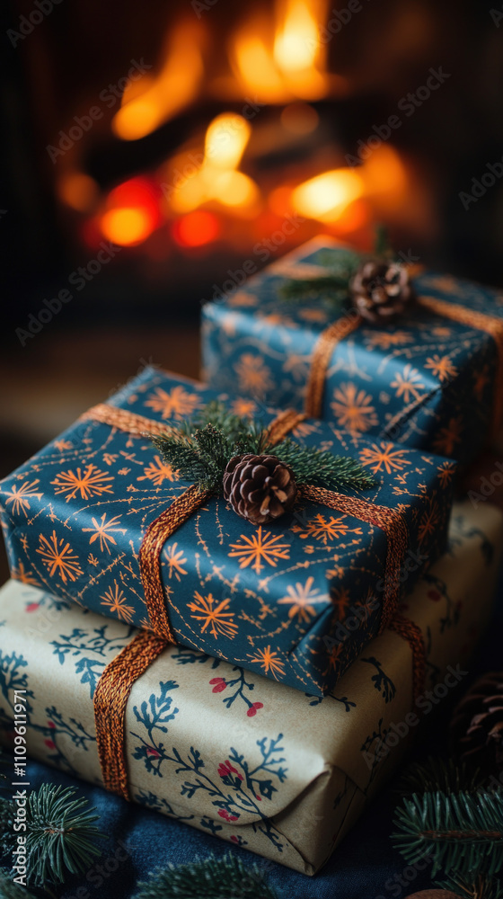 Fototapeta premium cozy winter scene with a pile of colorful Christmas gifts wrapped in festive paper and ribbons, placed next to a glowing fireplace, perfect for a smartphone wallpaper