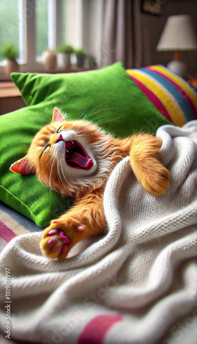 a cat with a mouth open is lying on a green pillow.