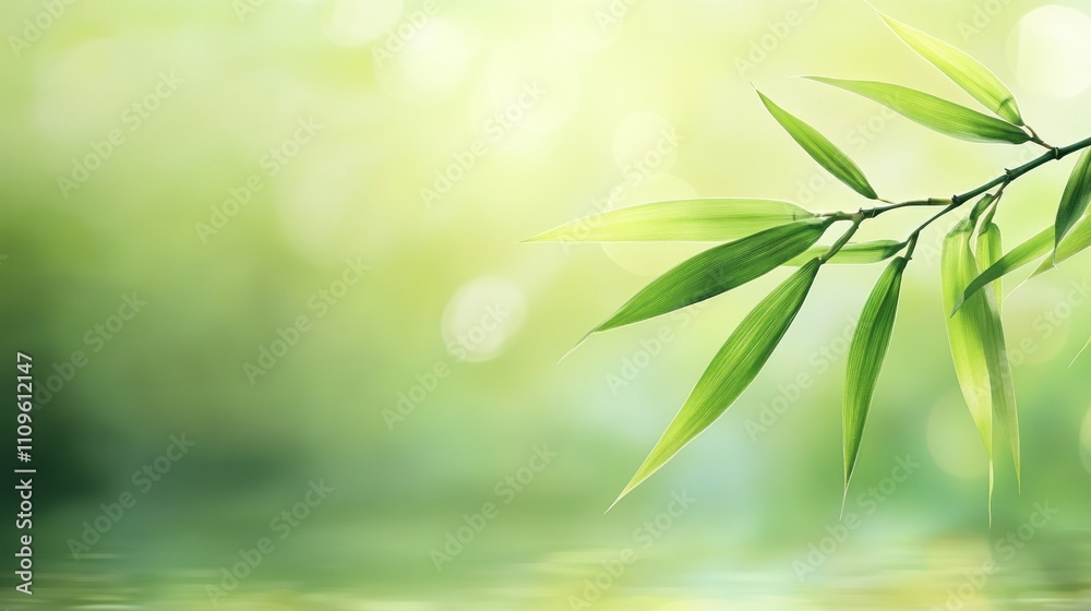 Fototapeta premium Green bamboo leaf branch on blur background copy space, wallpaper AI generated image