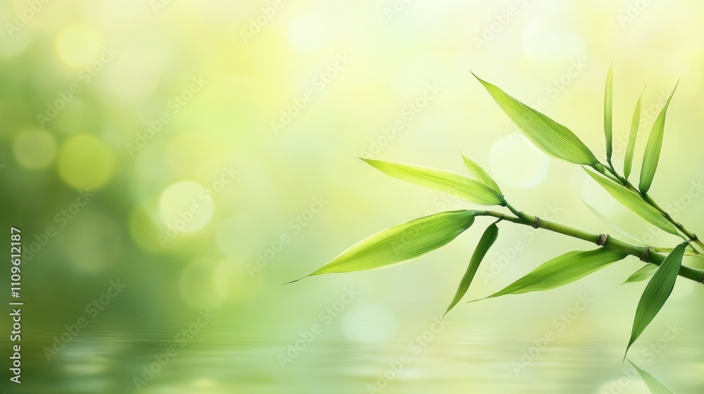 Fototapeta premium Green bamboo leaf branch on blur background copy space, wallpaper AI generated image