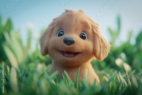 Cute puppy on the grass 3d ...
