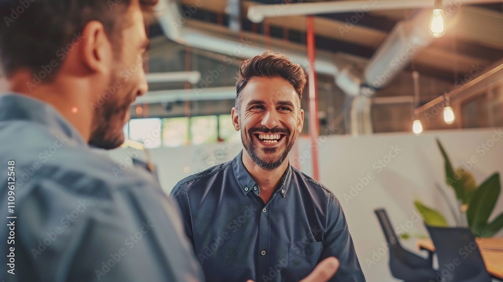 Smiling businessman discussing new venture company founder modern startup environment scene highlights excitement creativity involved launching innovative business ideas and the entrepreneurial spirit Smiling businessman discussing new venture company founder modern startup environment scene highlights excitement creativity involved launching innovative business ideas and the entrepreneurial spirit