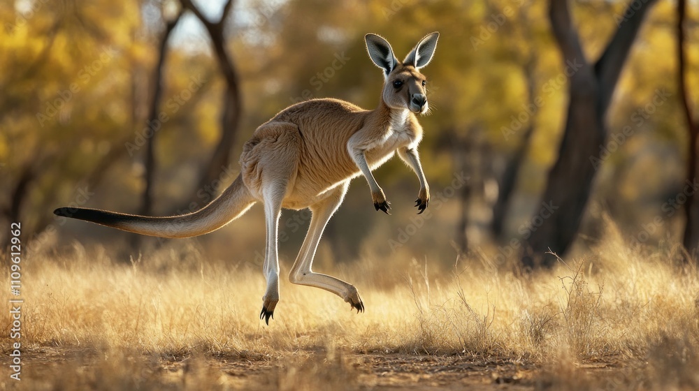 Naklejka premium A Red Kangaroo Leaps Through Golden Grass