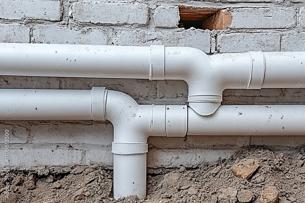 Detailed view of interconnected white plastic pressure pipes installed beneath building walls with compacted soil and construction debris Detailed view of interconnected white plastic pressure pipes installed beneath building walls with compacted soil and construction debris