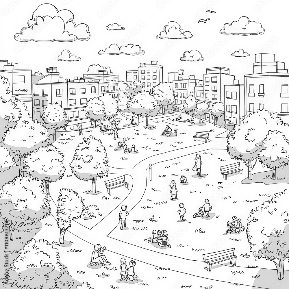 Obraz premium A city park with families enjoying a sunny day, coloring page for kids, simple outline illustration. Coloring book, simple lines.