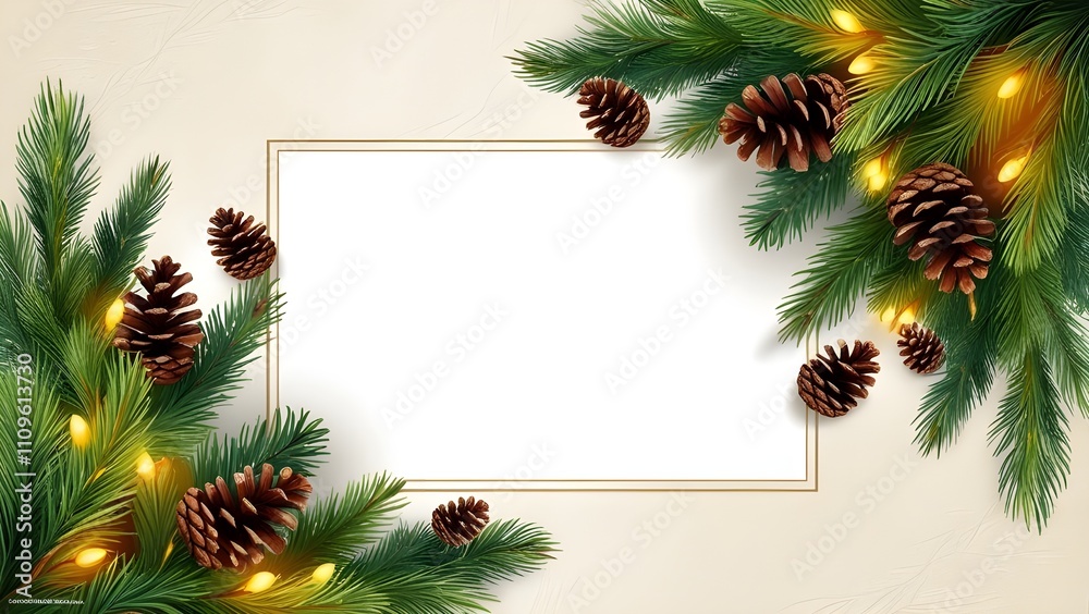 Festive Christmas border of lush fir branches, rustic pine cones and golden lights surrounds a blank space. Bright Christmas and New Year design holiday frame. For celebration banners, headers, poster Festive Christmas border of lush fir branches, rustic pine cones and golden lights surrounds a blank space. Bright Christmas and New Year design holiday frame. For celebration banners, headers, poster