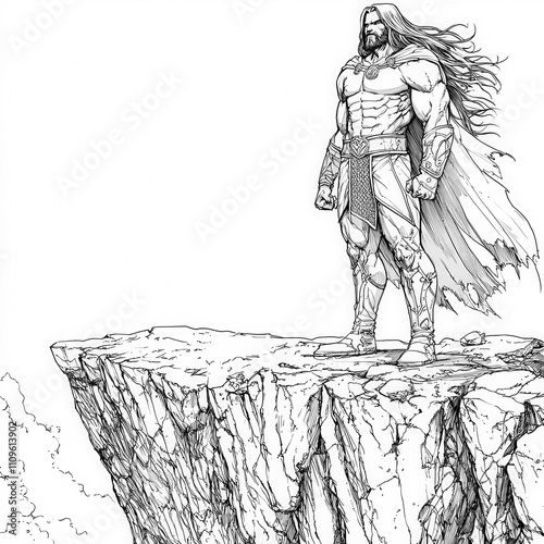 A fierce warrior standing on a cliff overlooking the sea, anime coloring page for kids, simple outline illustration. Coloring book, simple lines. photo