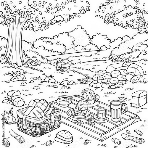 A picnic scene in a sunny m...