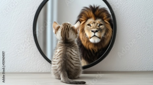 A curious kitten gazes into the mirror at a majestic lion reflection