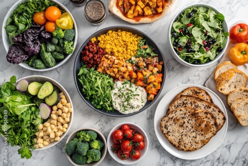 A vibrant array of plant-based meal options on a modern kitchen counter, representing the trend towards veganism, Plant-based diet scene