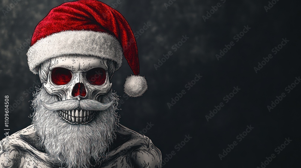 Festive skeletal figure embraces holiday cheer with a red Santa hat and white beard Festive skeletal figure embraces holiday cheer with a red Santa hat and white beard