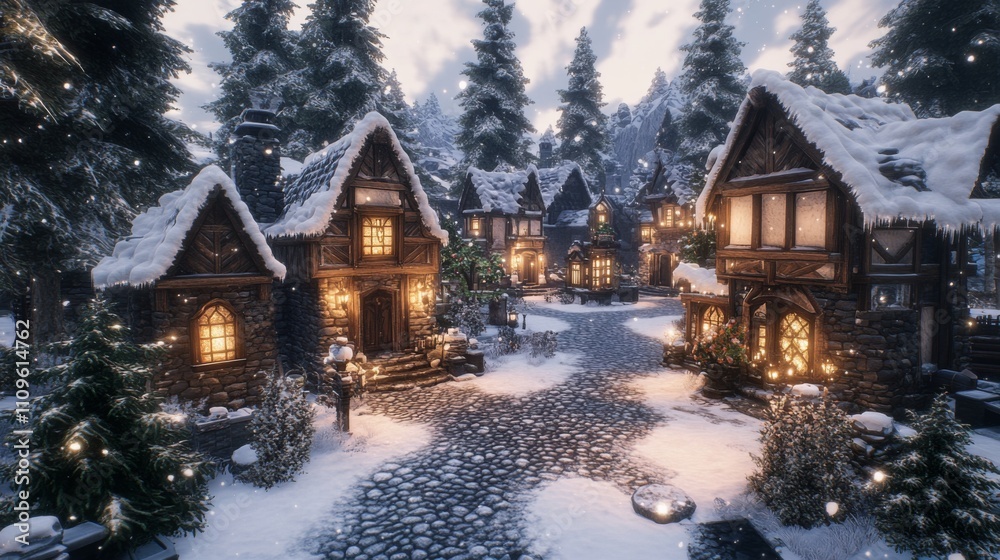 A Cozy Winter Village with Stone Houses and Snowy Roofs A Cozy Winter Village with Stone Houses and Snowy Roofs