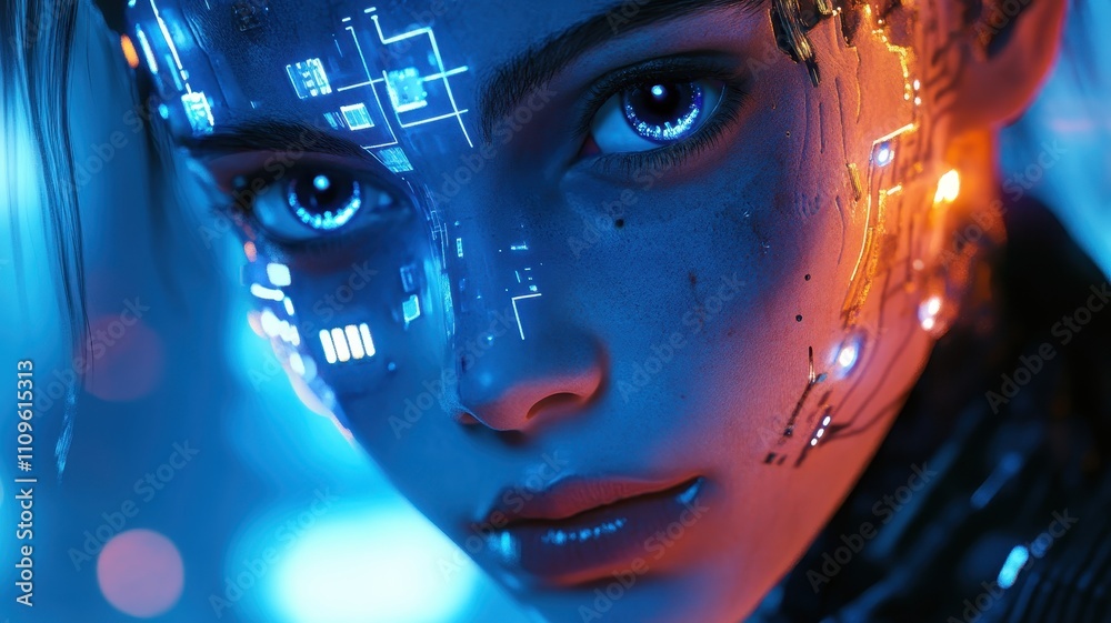 A futuristic portrait of a young woman with digital circuitry on her face, illuminated by blue and orange lights, conveying a blend of technology and humanity. A futuristic portrait of a young woman with digital circuitry on her face, illuminated by blue and orange lights, conveying a blend of technology and humanity.