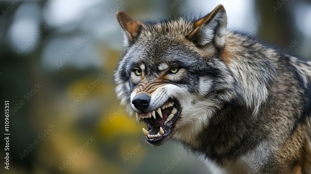 Fototapeta premium A fierce wolf baring its sharp teeth in an aggressive snarl, with piercing yellow eyes that reflect its predatory instincts and dominance.